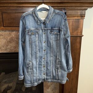 Tribal jeans medium wash distressed denim jean jacket longer length size XL